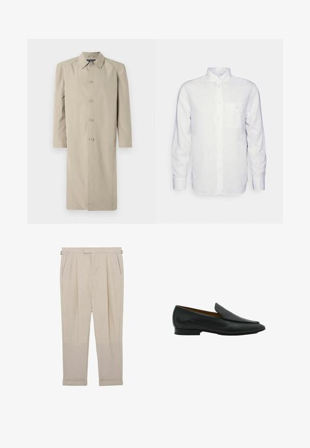 Beige trenchcoat gemaakt van een gladde, lichte stof. Heeft een kraag, een knoopsluiting aan de voorkant en lange mouwen met een rechte snit.; Witte longsleeve shirt van katoen, met een button-down kraag, een voorzak en een regular fit. Textuurstof met een gladde oppervlakte.; Beige op maat gemaakte broek met verstelbare riempjes aan de zijkant, plooien, zijzakken en omgeslagen zomen, plat weergegeven op een witte achtergrond.; Zwarte leren instaploafer met een lage hak en een licht puntige neus, gezien van opzij op een witte achtergrond.