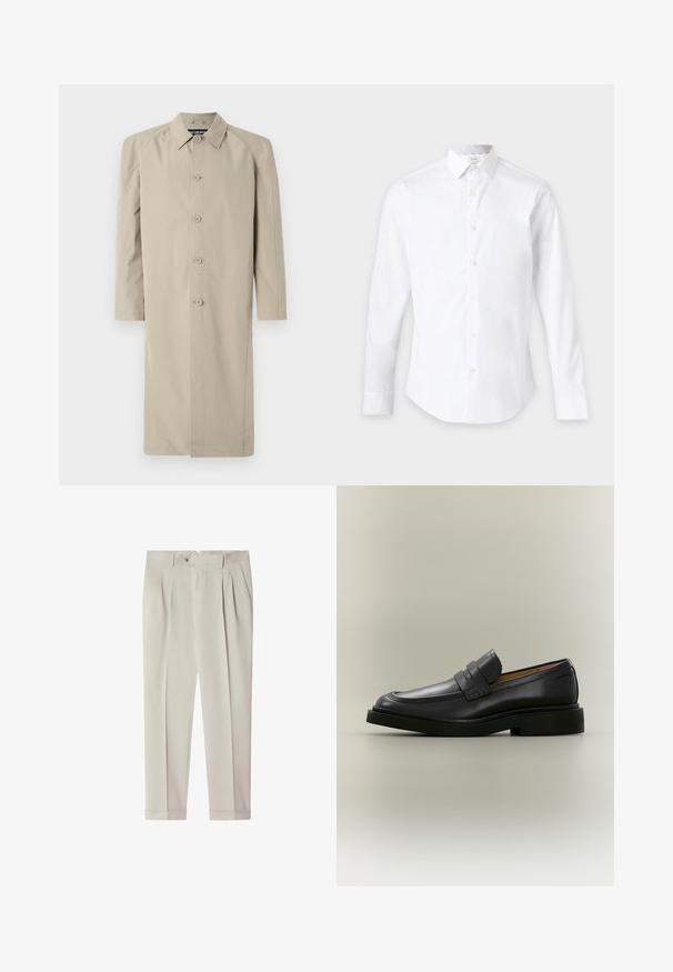 Beige trenchcoat lavet af et glat, let stof. Har en kravehals, knaplukning foran og lange ærmer med lige snit.; Hvid skjorte med lange ærmer og knapper med en klassisk krave, vist mod en ensartet lys baggrund.; Lysebeige skræddersyede bukser med læg, bæltestropper, sidelommer, knaplukning og manchetter nederst.; Sort læder herreloafer med lav hæl og en remdetalje over vristen, vist i profil på en neutral baggrund.