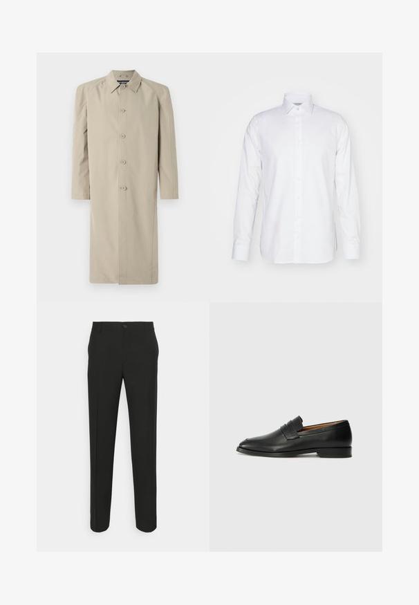 Beige Trenchcoat aus einem glatten, leichten Stoff. Mit Kragen, Knopfverschluss vorne und langen Ärmeln im geraden Schnitt.; Langärmliges weißes Hemd aus Baumwolle, mit Kragen, Knopfleiste und taillierter Passform sowie seitlichen Schlitzen am Saum.; Schwarze, maßgeschneiderte Hose mit geradem Schnitt, ausgestattet mit einem einzelnen Knopfverschluss und Gürtelschlaufen. Glattes, mattes Material ohne Muster.; Schwarze Leder-Slipper mit runder Zehenform, dezenten gestickten Details und niedrigem Absatz, ausgestattet mit glatter Textur und minimalistischem Design.