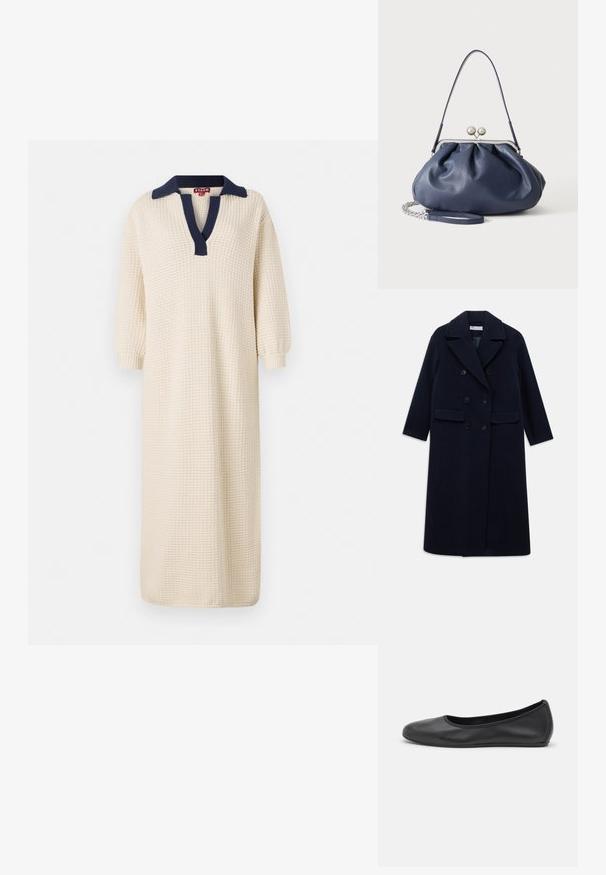 Abrigo de lana azul marino cruzado de doble botonadura con solapas anchas, seis botones negros, dos bolsillos delanteros con solapa y mangas largas.; Vestido largo de color crema con una tela texturizada, que presenta un cuello azul marino y un diseño de escote en V. Las mangas tres cuartos completan el conjunto.; Bailarina de piel negra con punta redondeada, textura suave, detalle de costura minimalista y diseño de suela flexible.; Bolso de mano de cuero azul marino suave con cierre de broche plateado, una correa de hombro y correa de cadena desmontable para la muñeca sobre fondo blanco.