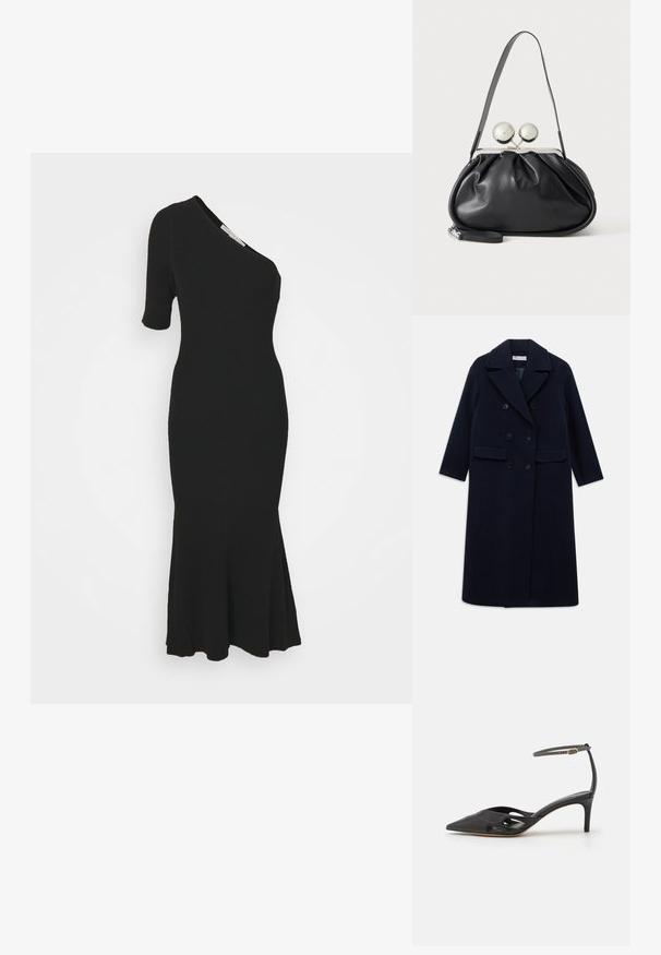 Lang mørkeblå, dobbeltbrystet uldfrakke med brede klapper, seks sorte knapper, to forreste klaplommer og lange ærmer.; Veronica Beard MONTROSE DRESS - Etuikjole - black; Sort læder højhælet sko med spids tå, åbne sider og en tynd ankelrem med en lille guld detalje.; Sort læderhåndtaske med opsamlet design, en enkelt rem, sølv metalramme og to store runde sølv lukninger.