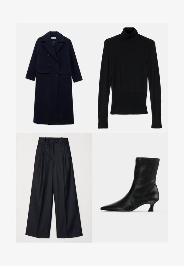 Langer navyblauer, doppelt geknöpfter Wollmantel mit breiten Revers, sechs schwarzen Knöpfen, zwei vorderen Klappentaschen und langen Ärmeln.; AERON TENDER LONG SLEEVED - Strickpullover - black; Schwarze weit geschnittene Hosen aus glattem Stoff, mit hoher Taille, Falten und einer taillierten Passform. Einfaches schwarzes Zubehör an der Taille.; Schwarzer Leder-Stiefel bis zur Mitte der Wade mit spitzer Schuhspitze und niedrigem Kittenabsatz, seitlich auf hellem einfarbigem Hintergrund gezeigt.