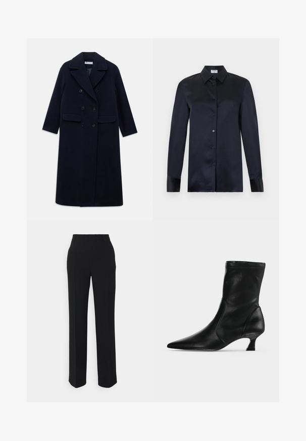 Abrigo de lana azul marino cruzado de doble botonadura con solapas anchas, seis botones negros, dos bolsillos delanteros con solapa y mangas largas.; Blusa negra de seda, de manga larga, con cuello puntiagudo, cierre con botones en la parte delantera y mangas con puños, mostrada sobre un fondo claro y liso.; Pantalones negros de pierna recta con una textura suave. Presentan una cintura y sin patrones ni acentos visibles. Diseño clásico y ajustado.; Bota negra de cuero hasta media pantorrilla con puntera puntiaguda y tacón bajo tipo kitten, vista de lado sobre un fondo claro y liso.