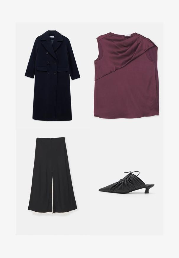 Langer navyblauer, doppelt geknöpfter Wollmantel mit breiten Revers, sechs schwarzen Knöpfen, zwei vorderen Klappentaschen und langen Ärmeln.; Burgunderfarbener ärmelloser Oberteil aus glattem Stoff mit Drapé-Design, featuring einen asymmetrischen Schnitt und einen runden Halsausschnitt.; Schwarze weite Beinhosen mit einem vorderen Schlitz, ausgestattet mit einer glatten Textur und einem kontrastierenden weißen Saum. Mit einem Reißverschluss auf der Rückseite.; Schwarze Leder-Mules zum Hineinschlüpfen mit spitzer Zehe, geraffter Textur und kleinem Kitten-Heel. Verfügt über ein Zugbanddetail am Öffnung.