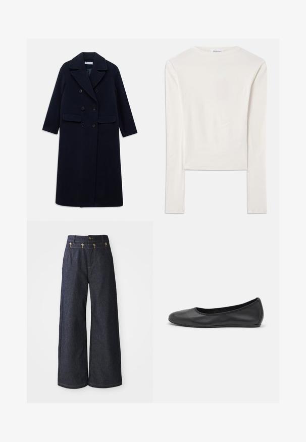 Lange marineblauwe dubbelzijdige wollen jas met brede revers, zes zwarte knopen, twee voorzakken met klep en lange mouwen.; Witte lange mouw top van katoen, met een eenvoudige ronde hals en een slim fit. De stof is glad met een lichte stretch.; Wijde jeans van donkerdenim, met een hoge taille, dubbele knoopsluiting en contrasterende stiksels langs de naden.; Zwarte leren ballerina met een ronde neus, gladde textuur, minimale stikdetails en een flexibele zoolontwerp.