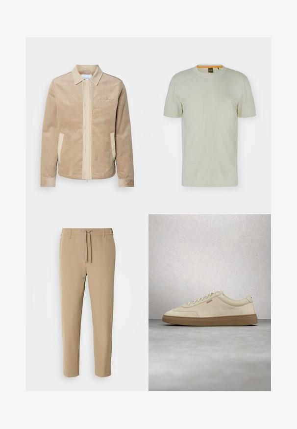 Chaqueta de pana marrón claro con el frente, el cuello y los bolsillos en beige. Presenta un cierre de botón y puños acanalados. Branding sutil en el pecho.; Camiseta de manga corta verde claro hecha de un tejido suave, con cuello redondo y un logo sutil en el frente. Diseño simple con un mínimo de detalles.; Pantalones beige con corte cónico, cintura elástica y cordón ajustable. Tejido suave con un diseño limpio y sin patrones ni herrajes visibles.; Zapatilla de ante beige claro con suela de goma color caramelo, cordones prominentes y detalles de costura sutiles. Diseño limpio con una estética minimalista.