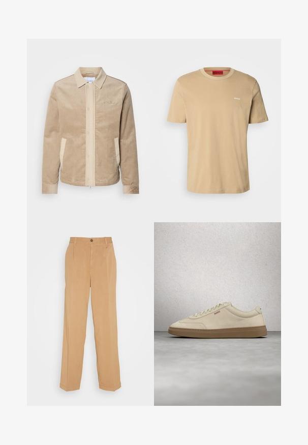 Tan corduroy jas met een beige voorkant, kraag en zakken. Heeft een knoopsluiting en ribgebreide manchetten. Subtiele branding op de borst.; Beige katoenen t-shirt met een ronde hals, korte mouwen en een klein wit "HUGO" logo op de borst. Een gladde textuur zonder patronen.; Beige wijde broek van zacht materiaal, voorzien van twee voorzakken, een knoopsluiting en plooidetails langs de benen.; Lichtbeige suède sneaker met een zool van gumrubber, opvallende veters en subtiele stikdetails. Strak ontwerp met een minimalistische uitstraling.