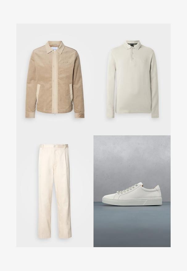 Chaqueta de pana marrón claro con el frente, el cuello y los bolsillos en beige. Presenta un cierre de botón y puños acanalados. Branding sutil en el pecho.; Camisa polo de manga larga en beige claro, fabricada con tela suave. Cuenta con cuello, tapeta de tres botones y un sutil bordado de logotipo en el pecho.; Pantalones de algodón beige con corte recto, que cuentan con un cierre de botón y pliegues en la parte frontal para un detalle adicional.; Zapatilla blanca de cuero con punta redondeada, diseño minimalista, cordones grises y suela de goma texturizada gris. Detalles de costura sutiles visibles.