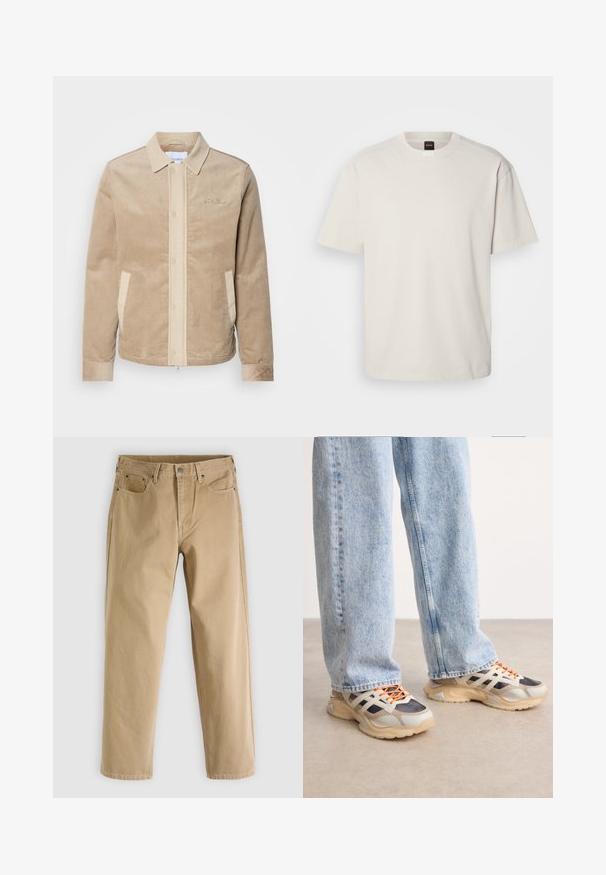 Chaqueta de pana marrón claro con el frente, el cuello y los bolsillos en beige. Presenta un cierre de botón y puños acanalados. Branding sutil en el pecho.; Camiseta de manga corta y cuello redondo en algodón color blanco roto, con un corte recto y un logo minimalista en el cuello. Textura suave, sin patrones.; Pantalones de algodón beige con diseño de pierna recta, estilo de cinco bolsillos, costuras sutiles y botón metálico en la parte delantera.; Deportivas que combinan materiales en tonos gris, negro y crema. Se caracterizan por paneles texturizados y cordones naranjas, con una suela gruesa.