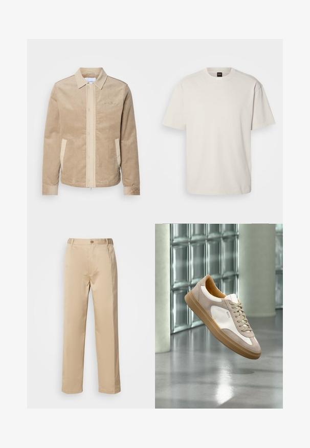 Tan corduroy jas met een beige voorkant, kraag en zakken. Heeft een knoopsluiting en ribgebreide manchetten. Subtiele branding op de borst.; Korte mouwen, ronde hals t-shirt in off-wit katoen, met een rechte snit en minimale merkvermelding op de hals. Zachte textuur, geen patronen.; Beige broek van lichtgewicht stof, met een rechte pasvorm, tailleband met riemlussen en een enkele knoopsluiting aan de voorkant.; Beige en witte sneaker met lichtbruine zool en "BOSS"-logo, zwevend boven een reflecterende gladde vloer met glazen blokkenmuur op de achtergrond.