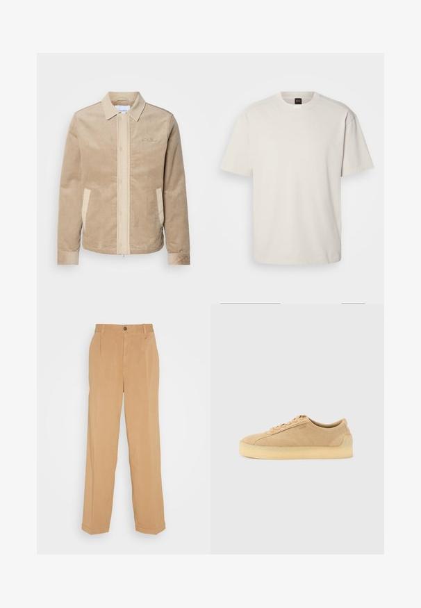 Tan corduroy jas met een beige voorkant, kraag en zakken. Heeft een knoopsluiting en ribgebreide manchetten. Subtiele branding op de borst.; Korte mouwen, ronde hals t-shirt in off-wit katoen, met een rechte snit en minimale merkvermelding op de hals. Zachte textuur, geen patronen.; Beige wijde broek van zacht materiaal, voorzien van twee voorzakken, een knoopsluiting en plooidetails langs de benen.; Beige suède lage sneaker met dikke gumzool, vetersluiting aan de voorkant en subtiele zijkant branding op een effen lichtgrijze achtergrond.
