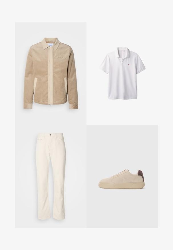 Tan corduroy jas met een beige voorkant, kraag en zakken. Heeft een knoopsluiting en ribgebreide manchetten. Subtiele branding op de borst.; Witte poloshirt met korte mouwen, kraag en klein rood "cK" logo op de linkerborst.; Beige katoenen jeans met een klassiek recht model, met een knoopsluiting aan de voorkant, vijf zakken en subtiele stikdetails.; Beige suède sneakers met een ronde neus, vetersluiting aan de voorkant en een bruine suède accent op de hiel. Beschikt over een gestructureerde rubberen zool.