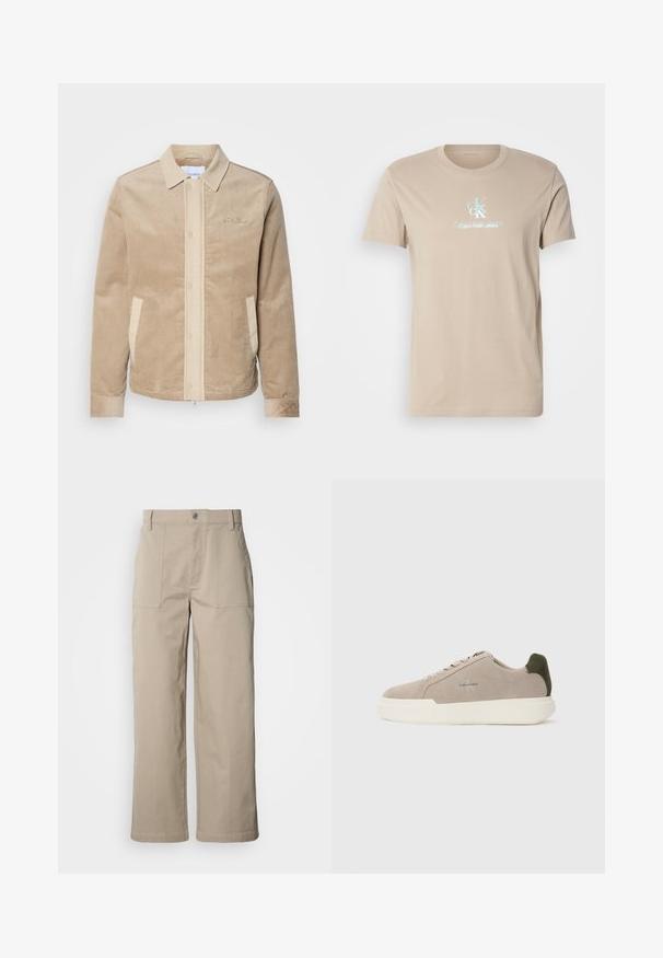 Tan corduroy jas met een beige voorkant, kraag en zakken. Heeft een knoopsluiting en ribgebreide manchetten. Subtiele branding op de borst.; Beige katoenen T-shirt met korte mouwen en een ronde hals. De voorkant toont een blauw logo met de tekst "CK" en "Calvin Klein Jeans".; Beige wijde broek van katoen; voorzien van voorzakken met klep, een knoopsluiting en zichtbare stiknaden langs de zoom.; Beige suède sneakers met een witte rubberen zool, voorzien van een donkergroene hielaccent en subtiele branding aan de zijkant.