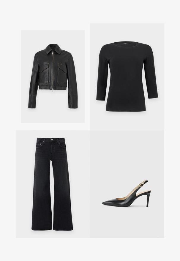 Veste en cuir noir avec fermeture éclair à l'avant, deux poches à rabat, col et manches longues, présentée sur un fond clair uni.; Chemise noire à manches longues avec col rond, silhouette ajustée et texture de tissu lisse et unie.; Jean noir taille haute à jambes larges avec bouton et fermeture éclair à l'avant, passants pour ceinture, et design classique à cinq poches.; Escarpins en cuir noir avec une pointe fine, une bride ajustable et un talon aiguille élégant, présentant une finition lisse.