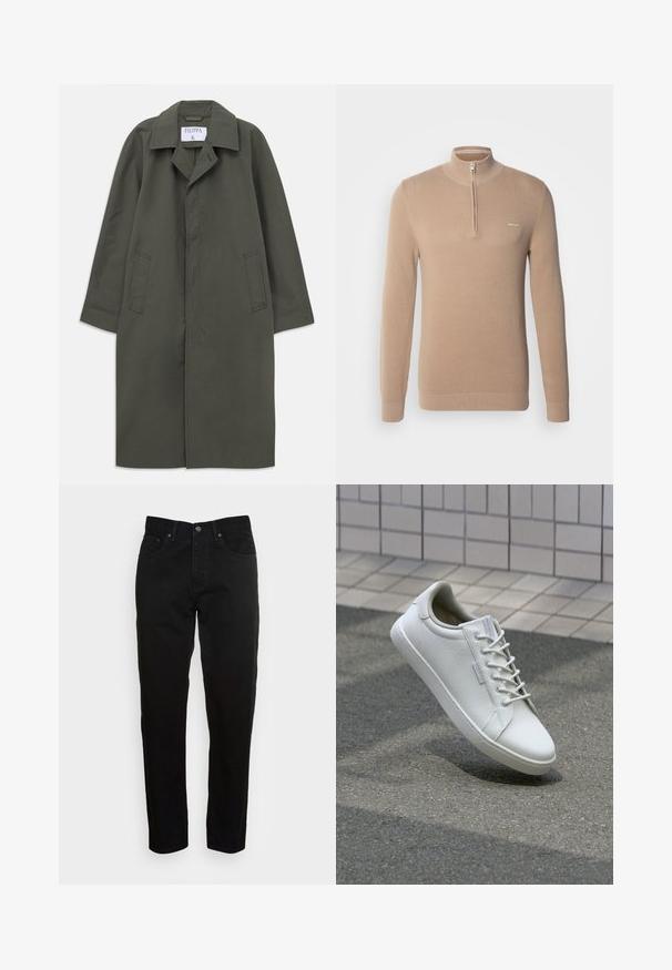 Lang mørk olivenfarvet enkelt brystfrakke med sidelommer, notched krave og skjulte frontknapper, mærke "Filippa K" inden i kraven.; Beige zip-up sweater med et teksturmønster, lange ærmer og en mock neck. Har en sølvfarvet lynlås og et lille logo på brystet.; Sorte slim-fit jeans med frontknaplukning og fem-lomme design, vist mod en enkel lys grå baggrund.; Hvide sneakers lavet af tekstureret læder, med snørelukning, robust gummisål og minimalistisk design med forstærket tå.