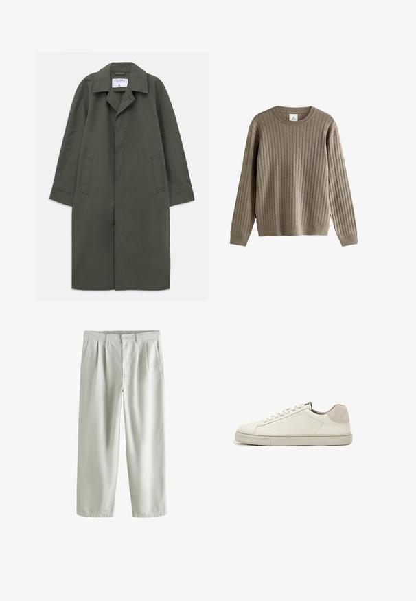 Langdonkergroene enkelbreasted jas met zijzakken, geknipte kraag en verborgen knopen aan de voorkant, label "Filippa K" binnenin de kraag.; Lange mouw taupe geribbelde trui met ronde hals en aansluitende cuffs, gemaakt van zachte gebreide stof.; Lichtgrijze rechte broek met elastische tailleband, knoopsluiting en zijzakken, plat liggend op een witte achtergrond.; Witte leren lage sneaker met witte veters, licht gestructureerde zool en lichtgrijze suède hielpatch, zijaanzicht.