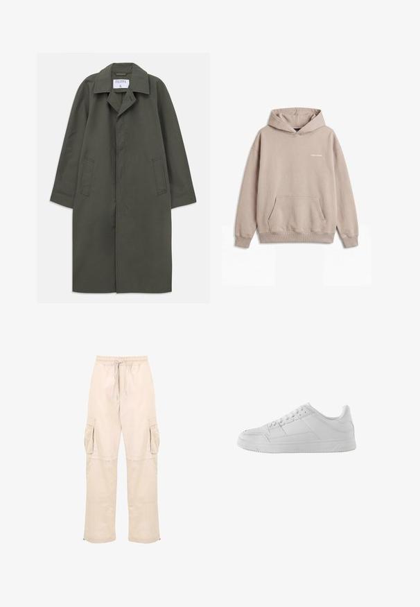 Langdonkergroene enkelbreasted jas met zijzakken, geknipte kraag en verborgen knopen aan de voorkant, label "Filippa K" binnenin de kraag.; Beige hoodie met voorvak en klein wit "PEGADOR" logo op de borst, geribde boorden en zoom.; Beige cargobroek met een elastische tailleband, trekkoord en twee zijzakken. Lichtgewicht stof met een losse, rechte pasvorm.; Witte lage sneaker met gestructureerde en gladde leren panelen, vetersluiting en platte rubberen zool, gezien vanaf de linkerkant.