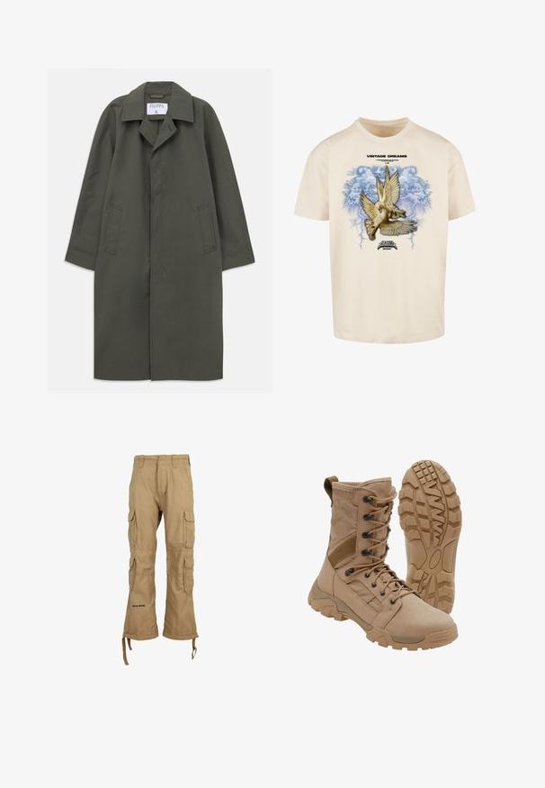 Langdonkergroene enkelbreasted jas met zijzakken, geknipte kraag en verborgen knopen aan de voorkant, label "Filippa K" binnenin de kraag.; Beige katoenen t-shirt met een afbeelding van twee duiven met uitgespreide vleugels, omringd door een blauwe wolken achtergrond en bliksemaccenten.; Khaki cargobroek met meerdere zijzakken, trekkoorden bij de boorden en een losse pasvorm. Gemaakt van duurzame stof met een soepele textuur.; Tan tactische laars met veterontwerp tot aan de enkel en stevige rubberen zool, één laars rechtopstaand en één die het profielpatroon toont.