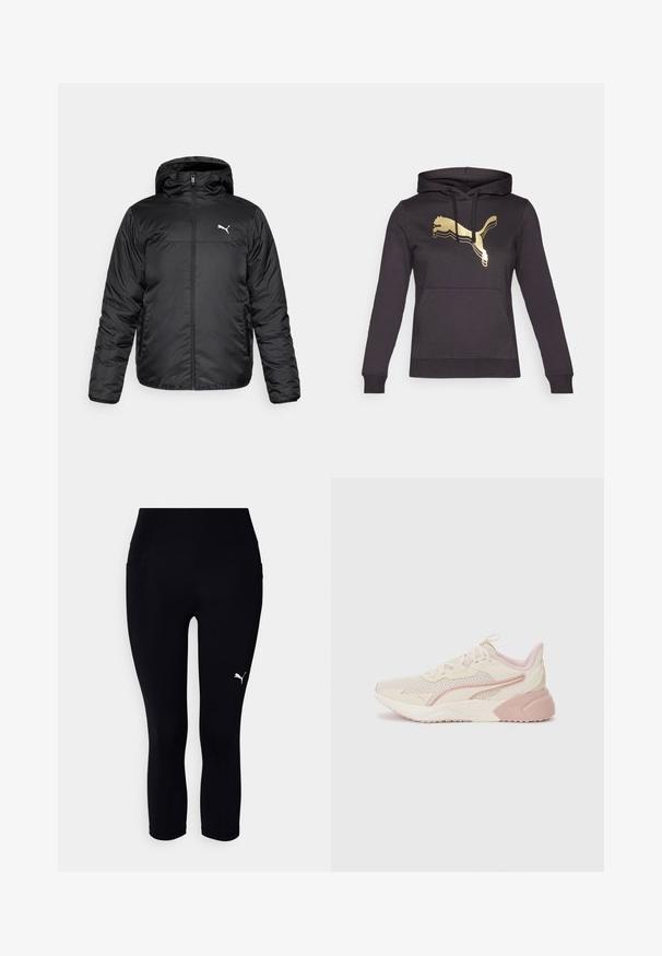 Zwarte gewatteerde jas met een capuchon, voorzien van een rits aan de voorkant en een wit Puma-logo op de linkerborst. Gladde, glanzende textuur en lange mouwen.; Zwarte hoodie met lange mouwen en een voorzak. Kenmerkt zich door een gouden Puma-logo en contrasterende streepaccenten op het logo. Zachte stof.; Zwarte capri leggings gemaakt van rekbaar materiaal, met een hoge tailleband en een klein wit logo aan de linkerkant. Soepele textuur.; Lichte sneakers met een beige en lichtroze ontwerp, een bovenwerk van mesh, een gevoerde zool en subtiele logo-accenten aan de zijkant.