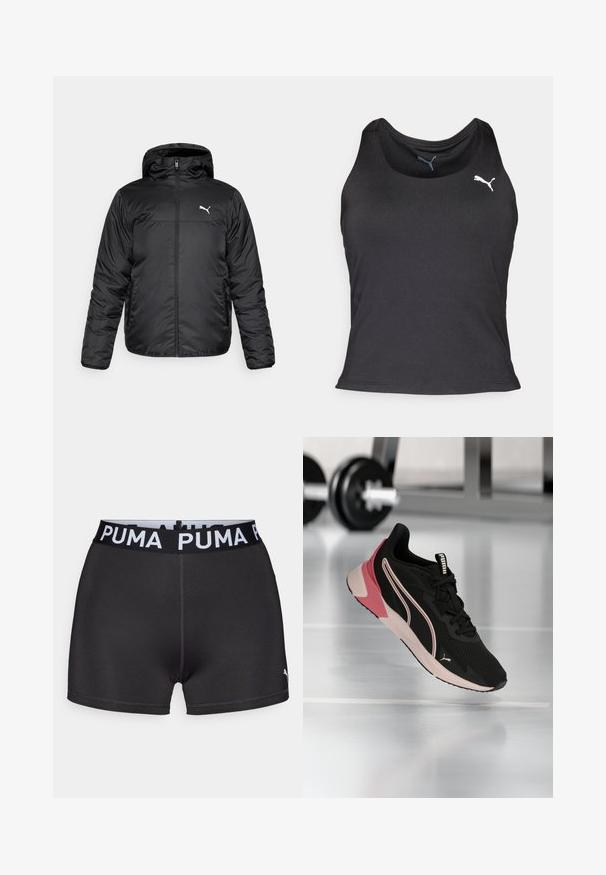 Čierna zateplená bunda s kapucňou, s predným zipsom a bielym logom Puma na ľavej hrudi. Hladká, lesklá textúra a dlhé rukávy.; Čierny športový tielko, bezrukávový dizajn, hladká tkanina, zaoblený výstrih, obsahuje malé biele logo Puma na ľavej hrudi.; Čierne atletické šortky vyrobené z elastického materiálu s širokým čiernym pásom s bielym označením "PUMA". Hladký povrch, priliehavý strih.; Čierna a ružová bežecká obuv Puma visiaca nad lesklou podlahou telocvične, v pozadí rozmazané jednoručné činky.