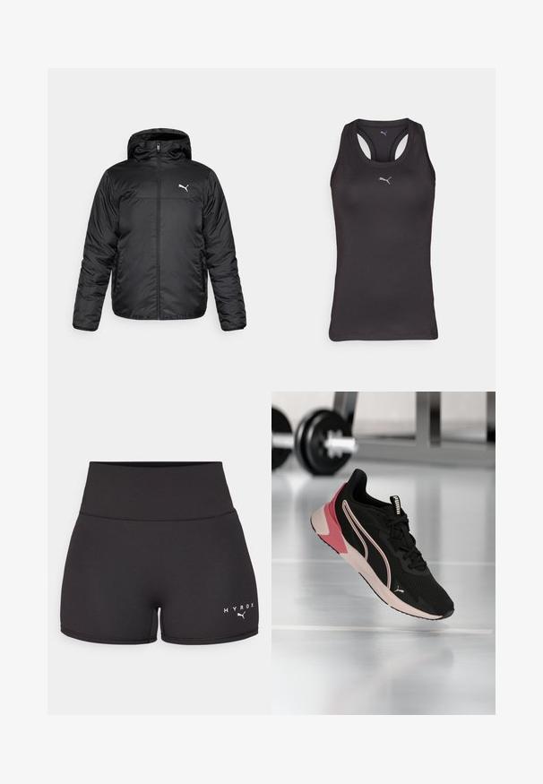 Chaqueta acolchada negra con capucha, con cremallera frontal y un logo de Puma blanco en el lado izquierdo del pecho. Textura lisa y brillante, y mangas largas.; Camiseta atlética negra sin mangas con un diseño de espalda racer, hecha de un tejido suave, que presenta un pequeño logo gris en el centro del frente.; Shorts atléticos negros hechos de una tela elástica. Diseño de cintura alta con el texto y el logo en blanco "HYROX" en la parte inferior izquierda. Textura suave.; Zapatilla de correr Puma negra y rosa suspendida sobre un suelo de gimnasio reflectante, con mancuernas desenfocadas en el fondo.