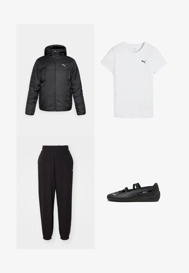 Chaqueta acolchada negra con capucha, con cremallera frontal y un logo de Puma blanco en el lado izquierdo del pecho. Textura lisa y brillante, y mangas largas.; Camiseta blanca de algodón con cuello redondo, que presenta un pequeño logo negro de Puma en el lado izquierdo del pecho. Manga corta y corte clásico.; Pantalones de chándal negros hechos de tela suave, con cinturilla acanalada y tobillos ajustados. Incluye un pequeño logotipo en el costado.; Zapatilla atlética sintética negra con diseño texturizado, cortes abiertos, dos correas elásticas y un logotipo blanco en contraste en la puntera.
