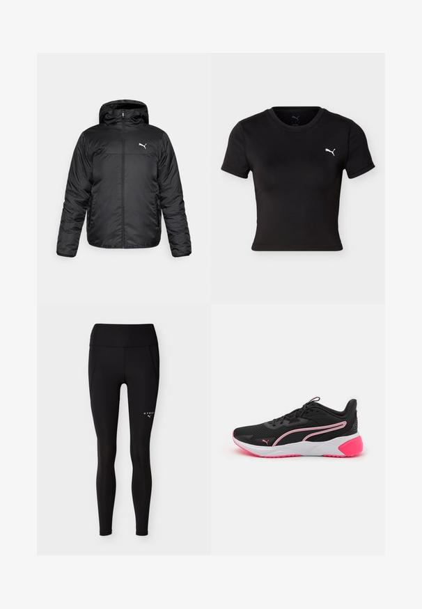 Chaqueta acolchada negra con capucha, con cremallera frontal y un logo de Puma blanco en el lado izquierdo del pecho. Textura lisa y brillante, y mangas largas.; Camiseta deportiva negra de manga corta y corte cropped con cuello redondo y logo blanco de Puma en el pecho izquierdo.; Leggings ajustados negros de cintura alta con costuras laterales y pequeños logotipos blancos de "HYROX" y Puma en el muslo superior.; Zapatillas deportivas negras con parte superior de malla, acentos rosas, media suela blanca y un logo distintivo. Presenta un diseño ligero y suela texturizada.