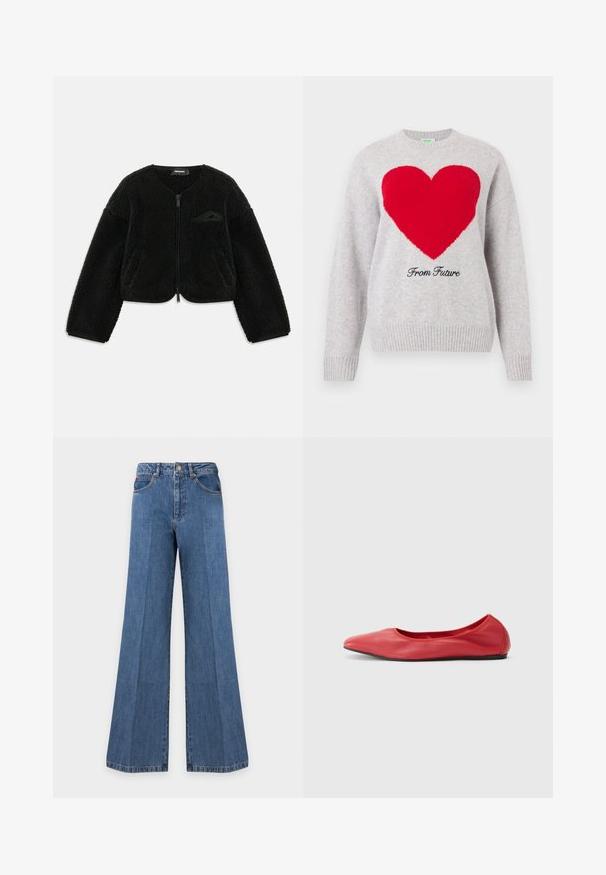 Veste zippée noire en tissu sherpa texturé, avec un col rond, des manches longues et une petite poche sur le côté gauche de la poitrine.; Pull en maille gris clair avec un grand cœur rouge sur la poitrine et "From Future" écrit en dessous en cursive noire.; Jeans en denim bleu à jambes larges avec poches avant, passants de ceinture, fermeture à boutons et coutures visibles sur un fond clair uni.; Filippa K REY FLATS - Ballerines - bright red