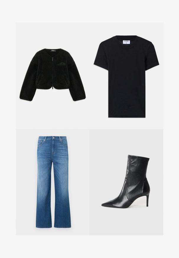 Veste zippée noire en tissu sherpa texturé, avec un col rond, des manches longues et une petite poche sur le côté gauche de la poitrine.; T-shirt en coton noir avec un col rond, des manches courtes et une coupe décontractée. L'étiquette indique "FILIPPA K" au niveau du col.; Jean large en denim bleu clair. Caractéristiques : taille haute, fermeture par bouton et surpiqûres contrastantes. Texture lisse avec légère décoloration.; Bottes noires à la cheville en cuir lisse, dotées d'un bout pointu, d'un tige ajustée et d'un talon haut fin. Design minimaliste sans quincaillerie visible.