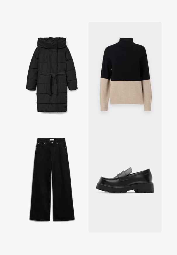 Schwarzer, gesteppter Steppmantel in mittlerer Länge mit weitem Kragen und tailliertem Gürtel. Verfügt über eine glatte, matte Textur und schräge Nähte.; Schwarzer und beiger gestrickter Rollkragenpullover mit geripptem Muster, farblich abgestuftem Design und langen Ärmeln. Gerade Saumabschlüsse.; Schwarze Schlagjeans aus Denim, mit hoher Taille, fünf Taschen und silbernen Hardware-Akzenten. Glatte Textur, sauberes Design.; Schwarze Leder-Loafers mit einer chunky strukturierten Sohle, ausgestattet mit einem Riemen über dem Spann und einer glatten, polierten Oberfläche.