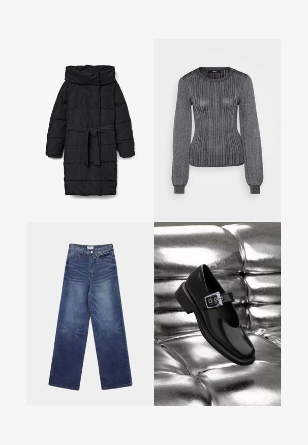Zwarte, doorgestikte donzen jas van middellange lengte met een brede kraag en een tailleband. Heeft een gladde, matte textuur en schuine naden.; Vero Moda Tall VMTALIA O NECK - Trui - black/silver-coloured; Wijde spijkerbroek in donkerblauw, met een hoge taille, opvallende vervaging aan de voorkant en klassieke vijfzakkenstijl.; Zwarte leren Mary Jane-schoenen met een vierkante neus, een zilveren gesp accent en een chunky lage hak, tegen een glanzende zilveren achtergrond.