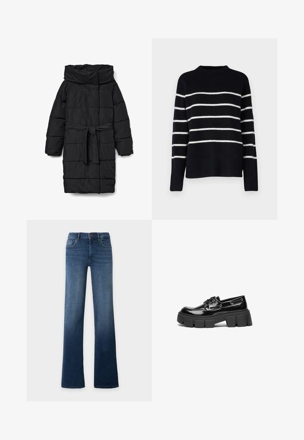 Zwarte, doorgestikte donzen jas van middellange lengte met een brede kraag en een tailleband. Heeft een gladde, matte textuur en schuine naden.; Vero Moda Tall VMFLAWLESS - Trui - black/birch; Blauwe high-waist jeans met rechte pijpen, knoop- en ritssluiting, voor- en achterzakken, getoond op een effen lichte achtergrond.; Zwarte gepatineerde leren instappers met een chunky zwart plateauzool en decoratieve oogjes. Gladde textuur met ronde neus en vetersluiting.