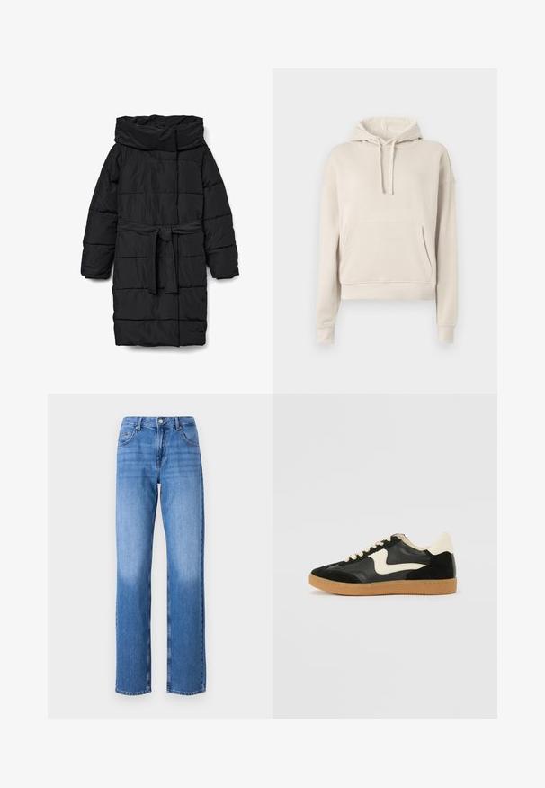 Zwarte, doorgestikte donzen jas van middellange lengte met een brede kraag en een tailleband. Heeft een gladde, matte textuur en schuine naden.; Beige hoodie van zacht materiaal, met een voorzak, verstelbare trekkingkap en ribgebreide mouwen en onderkant.; Lichtblauwe spijkerbroek met een hoge taille, rechte pijpen en vervaagde plekken. Voorzien van standaard voorkantzakken en een knoopsluiting.; Zwarte suède en leren sneaker met een crèmekleurige zij-swoosh en lichte crèmekleurige hiel. Voorzien van beige veters en een gumrubberen zool.