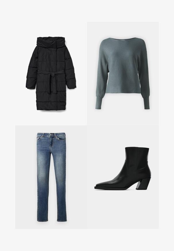 Schwarzer, gesteppter Steppmantel in mittlerer Länge mit weitem Kragen und tailliertem Gürtel. Verfügt über eine glatte, matte Textur und schräge Nähte.; Dunkelgrüner, gerippter Strickpullover mit weiter Ausschnittkante und langen Ärmeln, der geraffte Bündchen und eine lockere Passform aufweist.; Dunkelblaue Jeans aus Denim mit geradem Bein. Mit Gürtelschlaufen, zwei Fronttaschen und dezenten Ausbleichungen. Klassisches Fünf-Taschen-Design.; Schwarze Leder-Stiefelette mit spitzem Zeh, schlanker Silhouette und klobigem quadratischem Absatz. Glatte Textur mit minimalen Nähdetails.