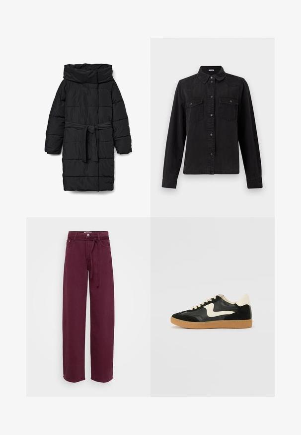 Zwarte, doorgestikte donzen jas van middellange lengte met een brede kraag en een tailleband. Heeft een gladde, matte textuur en schuine naden.; Zwarte spijkerbutton-up shirt met lange mouwen, twee borstzakken met klep en een klassieke kraag op een witte achtergrond.; Bordeaux wijde benen broek van katoen, met een gestrikte tailleband, twee voorkleppen en een knoopsluiting. Glad van textuur, zonder patronen.; Zwarte suède en leren sneaker met een crèmekleurige zij-swoosh en lichte crèmekleurige hiel. Voorzien van beige veters en een gumrubberen zool.