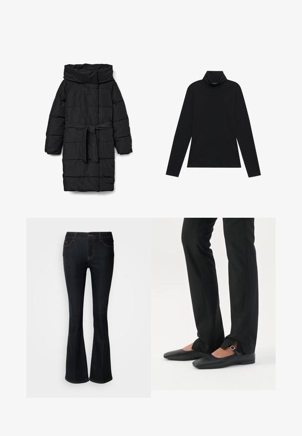 Schwarzer, gesteppter Steppmantel in mittlerer Länge mit weitem Kragen und tailliertem Gürtel. Verfügt über eine glatte, matte Textur und schräge Nähte.; Schwarzes langärmeliges Rollkragenshirt. Weicher Stoff, enganliegendes Design, hoher Kragen und seitliche Nähte. Schlichter und vielseitiger Stil, der sich gut für das Layering eignet.; Dunkelblaue Schlagjeans aus Denim. Mit einer mittelhohen Taille, fünf Taschen und kontrastierender Naht entlang der Nähte. Klassisches und funktionales Design.; Beine in schwarzen schmalen Hosen mit vorderen Schlitzen am Saum, kombiniert mit schwarzen flachen Mary-Jane-Schuhen mit kleinem Schnallenriemen.