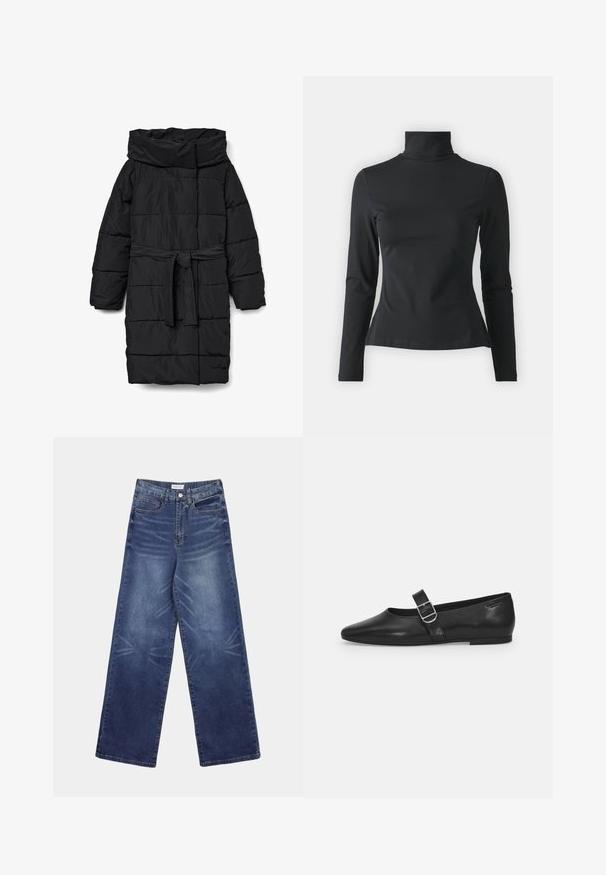 Schwarzer, gesteppter Steppmantel in mittlerer Länge mit weitem Kragen und tailliertem Gürtel. Verfügt über eine glatte, matte Textur und schräge Nähte.; Even&Odd Petite Langarmshirt - black; Weit geschnittene Jeans aus dunkelblauem Denim mit hoher Taille, auffälligen Verwaschungen auf der Vorderseite und klassischem Fünf-Taschen-Design.; Schwarzer Lederflatschuh mit runder Zehenform, einem verstellbaren Schnallenriemen und einer glatten, glänzenden Oberfläche. Minimalistisches Design mit einem niedrigen Absatz.