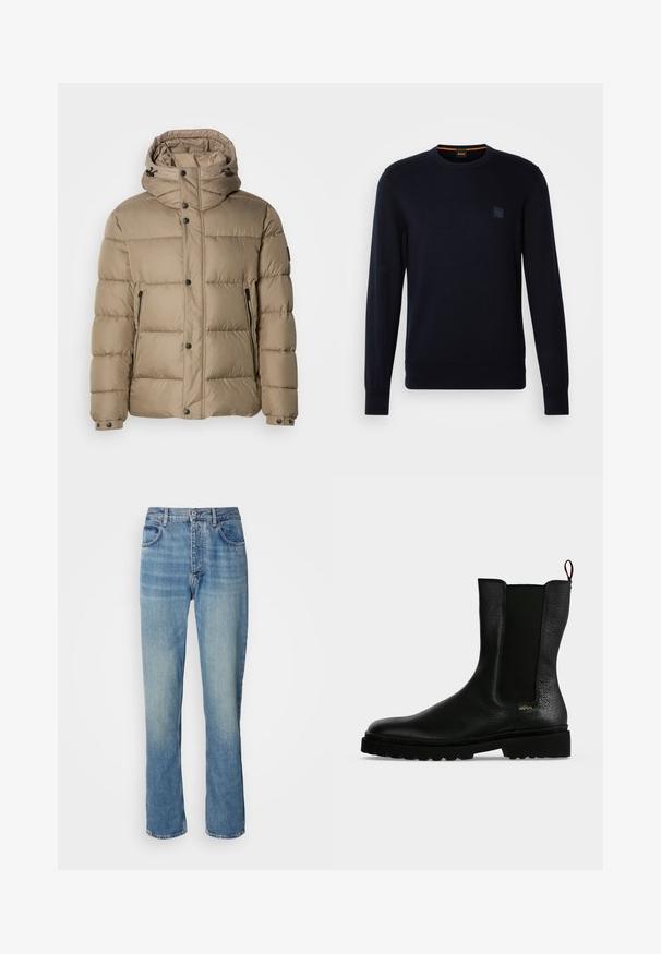 Veste matelassée beige avec capuche, dotée de sections matelassées, de boutons sur le devant et de poches zippées. Texture lisse et design décontracté.; Pull en tricot bleu marine avec des manches longues, un col ras du cou, des poignets et un ourlet côtelés, arborant un petit logo carré sur la poitrine.; Jean en denim droit bleu clair avec taille haute, fermeture par bouton et zip à l'avant, et design à cinq poches.; Bottine en cuir noir avec un panneau latéral élastique, une semelle épaisse et une languette à l’arrière, featuring un petit logo doré "Hugo" près du talon.