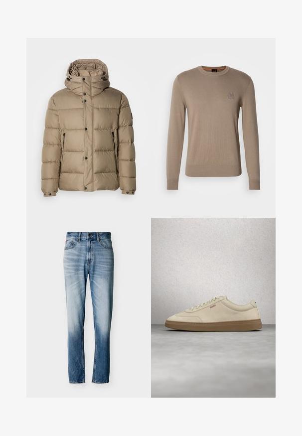 Beige Daunenjacke mit Kapuze, ausgestattet mit gesteppten Abschnitten, Frontknöpfen und Reißverschlusstaschen. Glatte Textur und lässiges Design.; Beiger Rundhals-Pullover für Herren mit langen Ärmeln, gerippten Bündchen und Saum, der ein kleines quadratisches Logo-Patch auf der Brust trägt.; Blaue verwaschene Jeans mit geradem Bein, fünf Taschen, Knopfverschluss und Gürtelschlaufen, flach auf weißem Hintergrund ausgelegt.; Hellbeiger Wildledersneaker mit Gummisohle, auffälligen Schnürsenkeln und dezenten Nahtdetails. Sauberes Design mit minimalistischem Ästhetik.