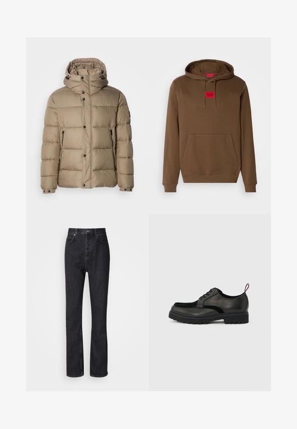 Veste matelassée beige avec capuche, dotée de sections matelassées, de boutons sur le devant et de poches zippées. Texture lisse et design décontracté.; Haut à capuche brun avec cordon de serrage, poche kangourou à l'avant, et une étiquette rectangulaire rouge portant "HUGO" centrée sur la poitrine.; Jean en denim noir taille haute avec fermeture à bouton et à glissière, poches avant et arrière, et coupe droite.; Chaussure noire en cuir à lacets avec semelle épaisse crantée et languette rouge à l'arrière, vue de profil sur un fond gris clair.