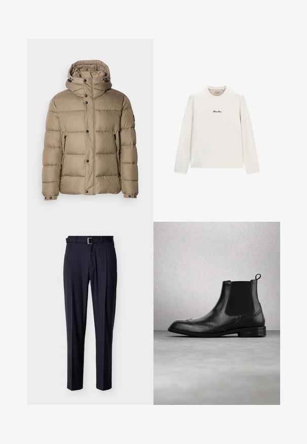 Beige Daunenjacke mit Kapuze, ausgestattet mit gesteppten Abschnitten, Frontknöpfen und Reißverschlusstaschen. Glatte Textur und lässiges Design.; Weißes Langarmshirt mit Rundhalsausschnitt und "Guess Jeans"-Logo in kleiner schwarzer Schreibschrift mittig auf der Brust, flach auf weißem Hintergrund ausgebreitet.; Marineblaue, maßgeschneiderte Hosen mit Nadelstreifen, einem passenden Gürtel und einer silbernen rechteckigen Schnalle, flach auf einem hellen Hintergrund präsentiert.; Schwarzer Chelsea-Stiefel aus Leder mit Brogue-Details, elastischen Seiteneinsätzen, Zuglasche und niedrigem Absatz, schwebend vor einem modernen Innenboden.