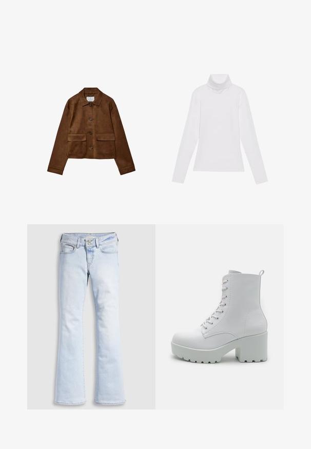 Veste en daim marron à boutons, col pointu, manches longues et deux poches à rabat sur le devant, sur fond blanc.; Haut à col roulé à manches longues blanc, fabriqué en tissu lisse et extensible. Il présente un col haut et une coupe ajustée, sans motifs ni embellissements visibles.; Jean évasé en denim bleu clair à taille haute, avec fermeture à boutons, cinq poches et un léger effet froissé au niveau des hanches.; Bottines blanches à talon épais, avec une tige synthétique lisse, un laçage sur le devant et une semelle en caoutchouc texturé. Design minimaliste sans motifs.