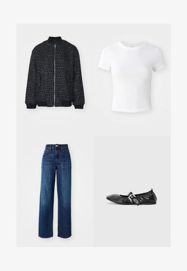 Veste bomber noire avec un motif tissé texturé, des accents en fil argenté, des poignets et un col côtelés, fermeture éclair à l'avant.; T-shirt courte à manches courtes, blanche, avec un col rond, présentée sur un fond neutre et lumineux.; Jeans en denim bleu foncé avec une taille haute, un design à jambes larges, des poches avant et arrière, et une légère décoloration. Quincaillerie en métal sur la taille.; Chaussure plate en cuir noir avec un nez pointu, des détails froncés autour de l'ouverture et un accent en boucle argentée sur la bride ajustable.