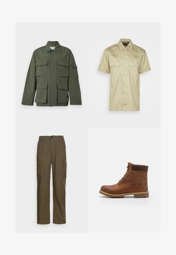 Veste de style militaire vert olive avec quatre poches avant à rabat, poignets boutonnés, col et fermeture éclair frontale dissimulée.; Chemise à manches courtes, couleur kaki, à boutonner, avec un col, deux poches poitrine et un petit logo brodé en bas. Texture de tissu lisse.; Pantalons cargo en vert olive, fabriqués en tissu durable. Présentent deux poches latérales, une taille standard et une coupe droite.; Botte de randonnée en cuir marron avec une finition lisse, cheville rembourrée, œillets en métal et semelle en caoutchouc dotée d'un motif de crampons robuste.