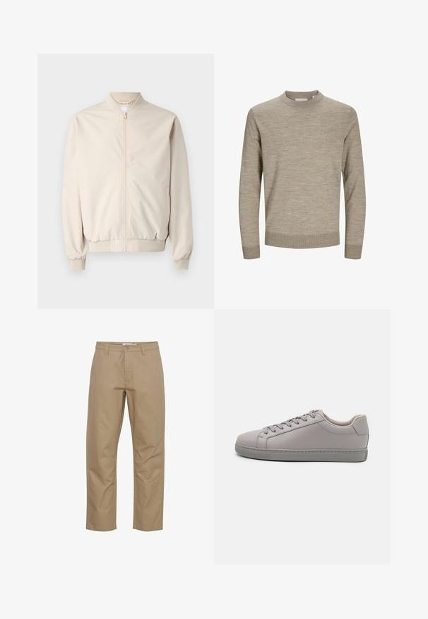 Veste bomber beige avec une fermeture éclair à l'avant, col et poignets côtelés, tissu lisse et poches latérales. Design simple avec une coupe décontractée.; Pull beige à manches longues avec col rond, poignets et ourlet côtelés, présenté sur un fond blanc.; Pantalons en coton beige avec une coupe droite, présentant une fermeture éclair et un bouton à l'avant, des poches latérales et une finition soignée.; Baskets en cuir gris avec une finition lisse, lacets plats, bout arrondi et semelle en caoutchouc gris contrastante. Design et texture minimalistes.