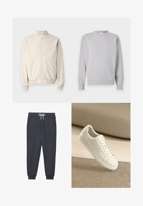 Veste bomber beige avec une fermeture éclair à l'avant, col et poignets côtelés, tissu lisse et poches latérales. Design simple avec une coupe décontractée.; Sweatshirt gris en tissu doux, avec un col rond, des manches longues, des poignets côtelés et un ourlet droit. Aucune motif ni graphique visible.; Pantalon de survêtement gris foncé en matériau doux, avec une taille élastique et un cordon blanc, des poches avant et des poignets côtelés.; Baskets en cuir blanc avec des lacets blancs, exposées sur une surface beige texturée et avec un arrière-plan flou doux.