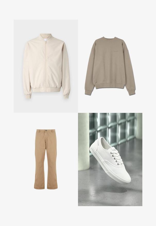 Veste bomber beige avec une fermeture éclair à l'avant, col et poignets côtelés, tissu lisse et poches latérales. Design simple avec une coupe décontractée.; Sweatshirt beige avec un col rond, des poignets et un ourlet côtelés. Présente un texte brodé sur la poitrine. Fabriqué en tissu doux et texturé.; Pantalons en coton beige à coupe droite, dotés d'une fermeture à bouton, de poches avant et d'une texture lisse.; Baskets basses blanches en toile avec lacets, étiquetées Tommy Hilfiger, montrées flottant au-dessus d’un sol gris lisse près d’un mur en briques de verre.
