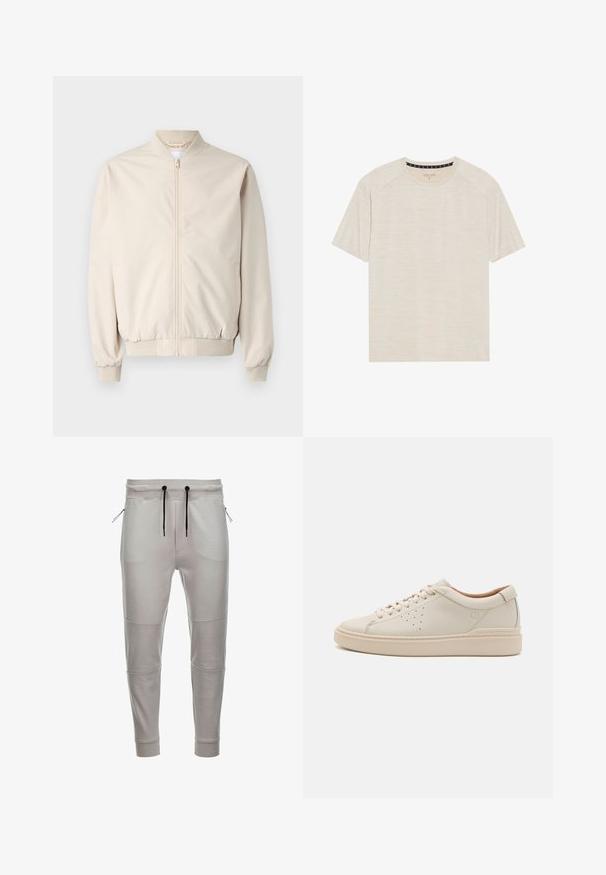 Veste bomber beige avec une fermeture éclair à l'avant, col et poignets côtelés, tissu lisse et poches latérales. Design simple avec une coupe décontractée.; T-shirt beige clair à manches courtes en tissu texturé, avec un col rond et des manches raglan. Motif de fines rayures horizontales.; Pantalons jogger gris clair en tissu doux avec une taille élastique, cordons de serrage noirs, poches latérales zippées et poignets côtelés aux chevilles.; Baskets en cuir beige avec un bout rond, des lacets plats, des détails perforés sur les côtés et une semelle en caoutchouc épaisse et texturée. Doublure en cuir naturel.
