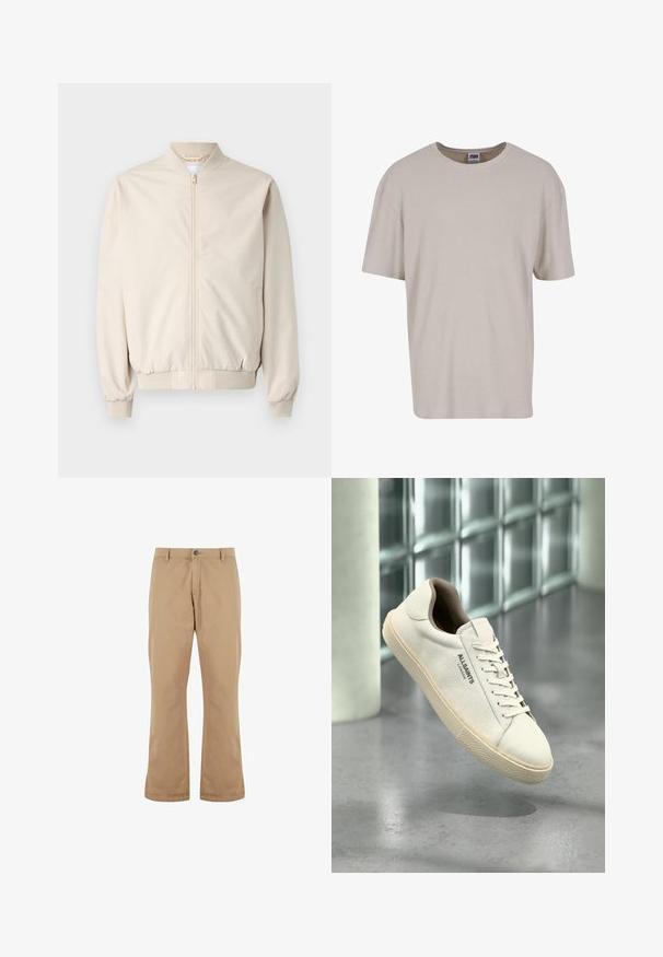 Veste bomber beige avec une fermeture éclair à l'avant, col et poignets côtelés, tissu lisse et poches latérales. Design simple avec une coupe décontractée.; T-shirt beige clair à manches courtes en tissu texturé, avec un col rond et une coupe ample. Aucun motif ni matériel visible.; Pantalons en coton beige à coupe droite, dotés d'une fermeture à bouton, de poches avant et d'une texture lisse.; Baskets en toile blanche avec semelle et lacets beige, logo "AllSaints London" sur le côté, flottant au-dessus d'un sol gris poli près de blocs de verre.