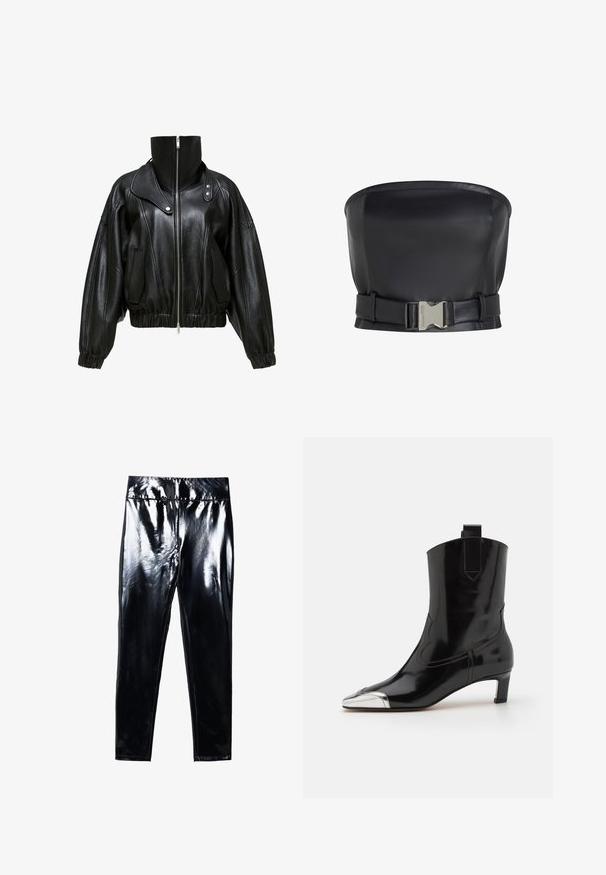 Veste en cuir noir avec un col montant, fermeture zippée et design cropped. Comprend des poches latérales et des poignets et un ourlet élastiqués.; Top sans bretelles en cuir noir au design structuré, avec une fermeture à boucle à l'avant et une texture lisse et élégante.; Leggings noirs à finition brillante présentant une surface lisse et glossy. Taille élastique et design ajusté avec une forme de jambe effilée.; ALOHAS SHIMMER BICOLOR BOOTS - Bottines - black/silver